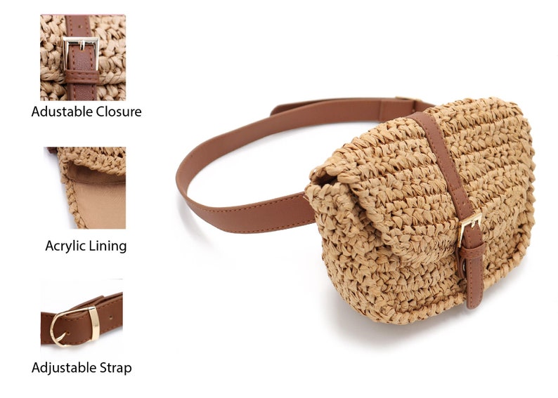 May include: A woven straw fanny pack with a brown leather strap and buckle closure. The bag features an adjustable strap and acrylic lining. The bag is tan and brown.
