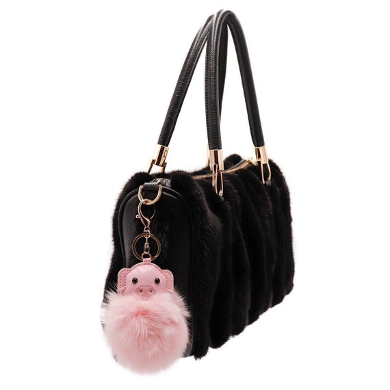 Pig Keychain With Fox Fur Pom Luxury Bag Charm Plush 