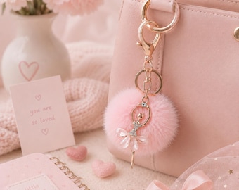 Bling Ballerina Keychain with Real Mink Fur Pom - Sparkly Dancer Charm with Fluffy Pompom - Ballet Luxury Purse Charm - Pink