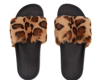 Women's Faux Rex Leopard Print Fur -Slides - Comfort Faux Fur Slipper - Everyday House Cheetah Print Slippers - Fashion Stylish Shoes Gift