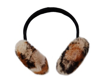 Real Rex Rabbit Fur Earmuffs with Velvet Band - Women's Fall/Winter Fashion - Soft & Trendy Ear Warmers - Chic Style - Leopard Spot