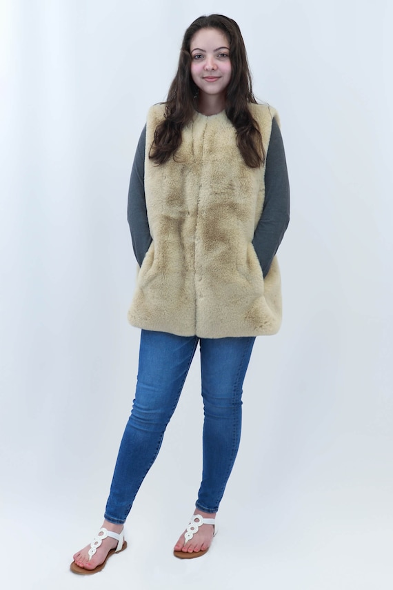 Gilet da donna in pelliccia di coniglio Rex con tasche Morbida