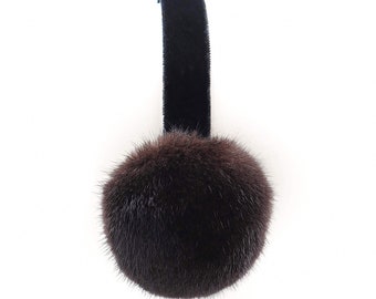 Mink Fur Earmuffs with Black Velvet Band - Fluffy Plush Earmuffs - Winter Hat for Women - Women's Earmuff - Real Fur Fashion - Brown