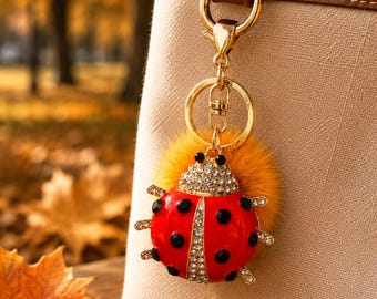 Ladybug Bling Keychain Real Mink Fur - Cute Keychains for Women - Insect Bug Key Chain - Lucky Charm - Yellow