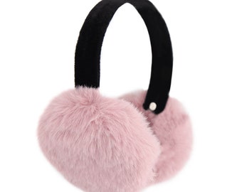 Faux Rex Rabbit Fur Earmuffs w/ Velvet Band - Women's Fall/Winter Fashion - Soft & Trendy Colorful Ear Warmers - Chic Vegan Style - Pink