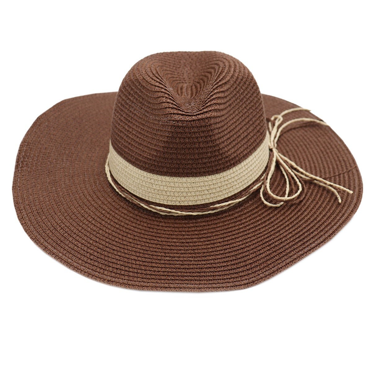 Women's Brown Straw Hat With String Bow 