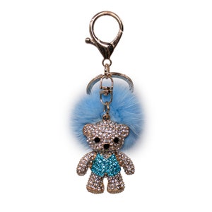 Teddy Bear Keychain Mink Fur Pom - Bling Colorful Bear Charm - Luxury Bag Charm - Cute Car Accessories - Backpack and Key Charm- Blue