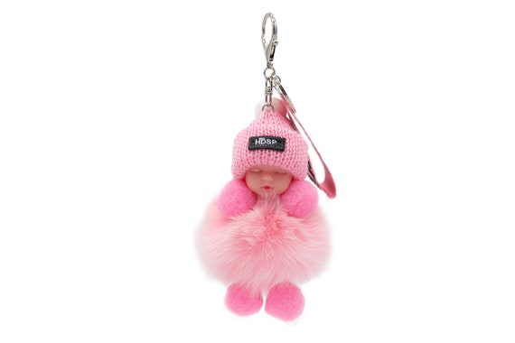 Genuine Fox Fur Baby Keychain Pom-Pom Bag Purse Charm Sleeping Baby  Doll Love Keyring Ring Fluffy Fur Ball Colorful Fashion Pink