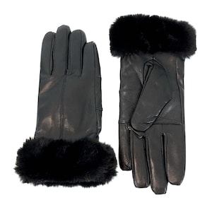 Black Leather Gloves with Faux Rex Rabbit Fur Trim - Winter Mittens - Chic Luxury Accessory - Womens Fall & Winter Fashion - Black