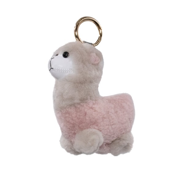 Alpaca Keychain Real Shearling - Cute Happy Adorable Plush Llama Bag Purse Charm - Fluffy Fur Ball Pom Pom Farm Handbag Fashion Gift - Pink