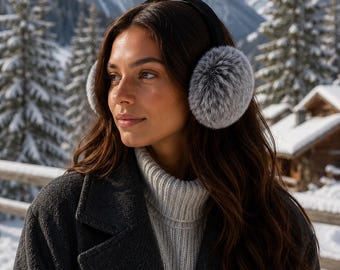 Rex Kaninchenfell Ohrenschützer mit Samtband - Damen Herbst/Winter Mode - Weiche & Trendy Bunte Ohrenwärmer - Veganer Stil - Black Frost