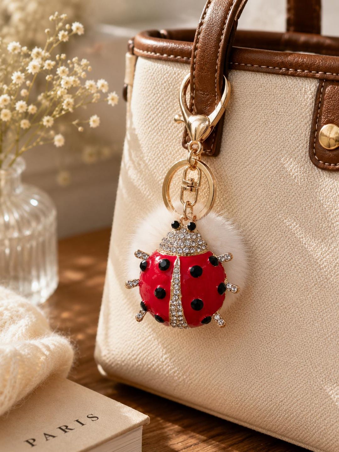 Real Mink Fur Bling Ladybug Keychain - Cute Keychains for Women ...
