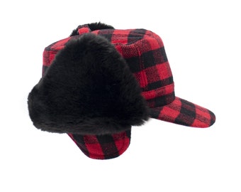 Red Buffalo Plaid Trapper Faux Fur Aviator Hat - Warm Bomber Trooper Hat - Perfect Winter Luxury Gift - Unisex Adult Comfortable Fashion