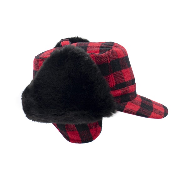 Red Buffalo Plaid Trapper Faux Fur Aviator Hat - Warm Bomber Trooper Hat - Perfect Winter Luxury Gift - Unisex Adult Comfortable Fashion