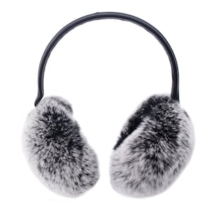 Rex Rabbit Fur Earmuffs with Adjustable Leather Band - Soft Earmuffs for Women - Fuzzy Women&#39;s Ear Muffs - Black Frost