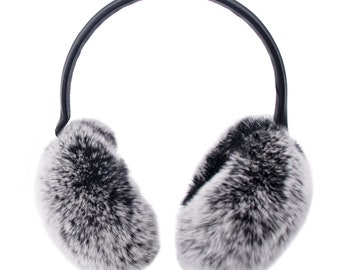 Cache-oreilles en fourrure de lapin rex avec bande en cuir réglable - Cache-oreilles doux pour femme - Cache-oreilles flous pour femmes - Noir givré