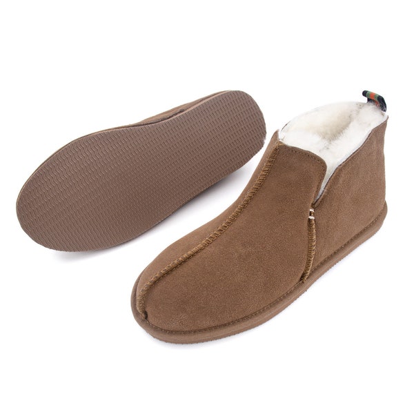 Men's Real Sheepskin and Shearling Slipper Booties - Natural Tan Slides with Fur Inside - Soft Warm Isolating Footwear For Indoor Use