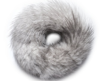 Mink Fur Scrunchie - Cute Hair Tie - Soft Fuzzy Ponytail Holder - Girls Women's Hair Accessories All Hair Types, Straight Curly Thick - Gray