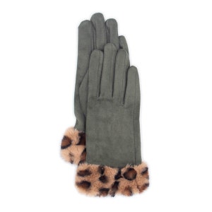 Faux Suede Gloves w Spotted Faux Rex Rabbit Fur Cuff - Fluffy Fake Fur - Leopard Cheetah Animal Print - Fall Winter Accessory - Olive Green