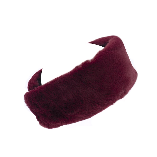 Faux Rex Rabbit Fur Headband/ Scarf w Adjustable Velcro Closure - Versatile & Warm Women's Fall Winter Fashion Luxury Vegan Style - Wine