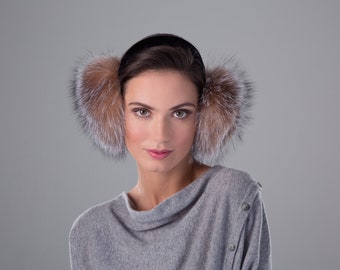 Real Fox Fur Earmuffs w/ Velvet Halo Band - Women's Fall and Winter Fashion - Winter Hat - Soft & Trendy Ear Warmers - Crystal