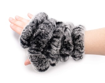 Guanti senza dita in maglia di tessuto in vera pelliccia di coniglio Rex - Guanti per SMS - Accessori moda invernali di lusso per il freddo da donna - Nero gelo - Italia