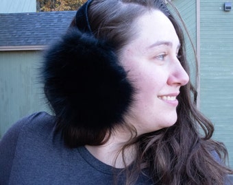 Real Fox Fur Earmuffs w/ Velvet Halo Band - Women's Fall and Winter Fashion - Winter Hat - Soft & Trendy Ear Warmers - Black