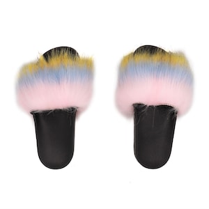 Women&#39;s Faux Fox Fur Slides -Comfort Faux Fur Slippers - Everyday House Slippers -Comfort Shoes - Fashion Stylish Slipper Gift - Blue Yellow