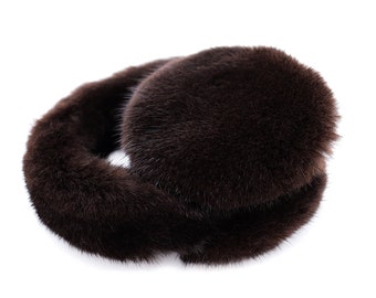 Real Mink Fur Earmuffs with Halo Band - Women's Fall and Winter Fashion - Winter Hat - Brown Soft & Trendy Ear Warmers - Mahogany