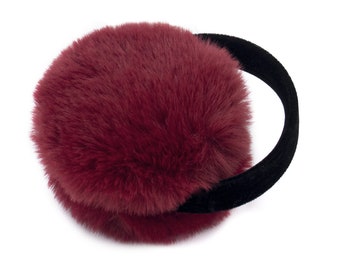 Faux Rex Rabbit Fur Earmuffs w/ Velvet Band - Women's Fall/Winter Fashion - Soft & Trendy Colorful Ear Warmers - Chic Vegan Style - Wine