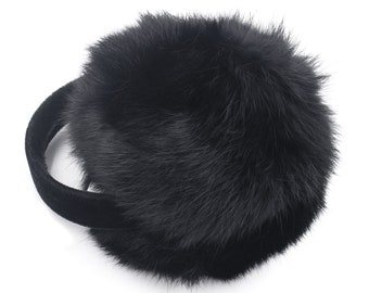 Real Rabbit Fur Earmuff with Velvet Band  - Soft Hair Rabbit - Cute Winter Fuzzy Headband - Ear Warmers - Colorful Fashion Accessory - Black