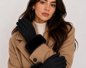 Nylon Glove with Faux Fur Trim - Winter Mittens - Luxury Cold Weather Clothing - Warm Winter Gloves - Waterproof Snow Gloves - Black