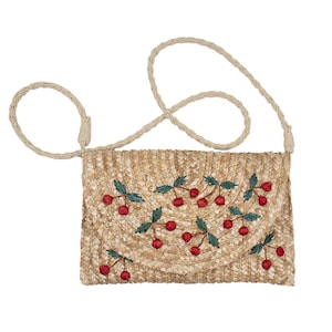 Paper Straw Crossbody Bag with Cherries - Cute Cherry Pattern Clutch - Summer Beach Purse - Natural with Cherries
