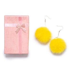 Mink Fur Pom Earrings - Silver Stainless Steel Dangle Earrings - Pompom Dangly Earrings - Cute Unique Jewelry - Yellow
