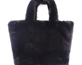 Sac à main surell Faux Rex Rabbit - Joli sac à main moelleux - Luxueux sac à main en fausse fourrure noir - Y2K Style Épaule Tote- Noir