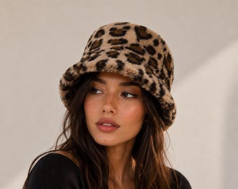 Faux Fur Fuzzy Bucket Hat - Trendy Y2K Accessory - Leopard Print Cheetah Print - Brown Spot