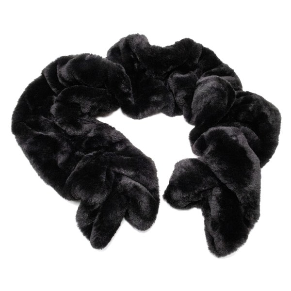 Black Faux Rex Rabbit Ruffle Pull-Through Scarf - Women's Faux Fur Scarf - Soft Plush Warm Neckwear - Winter Collar Wrap - Fake Fur - Black