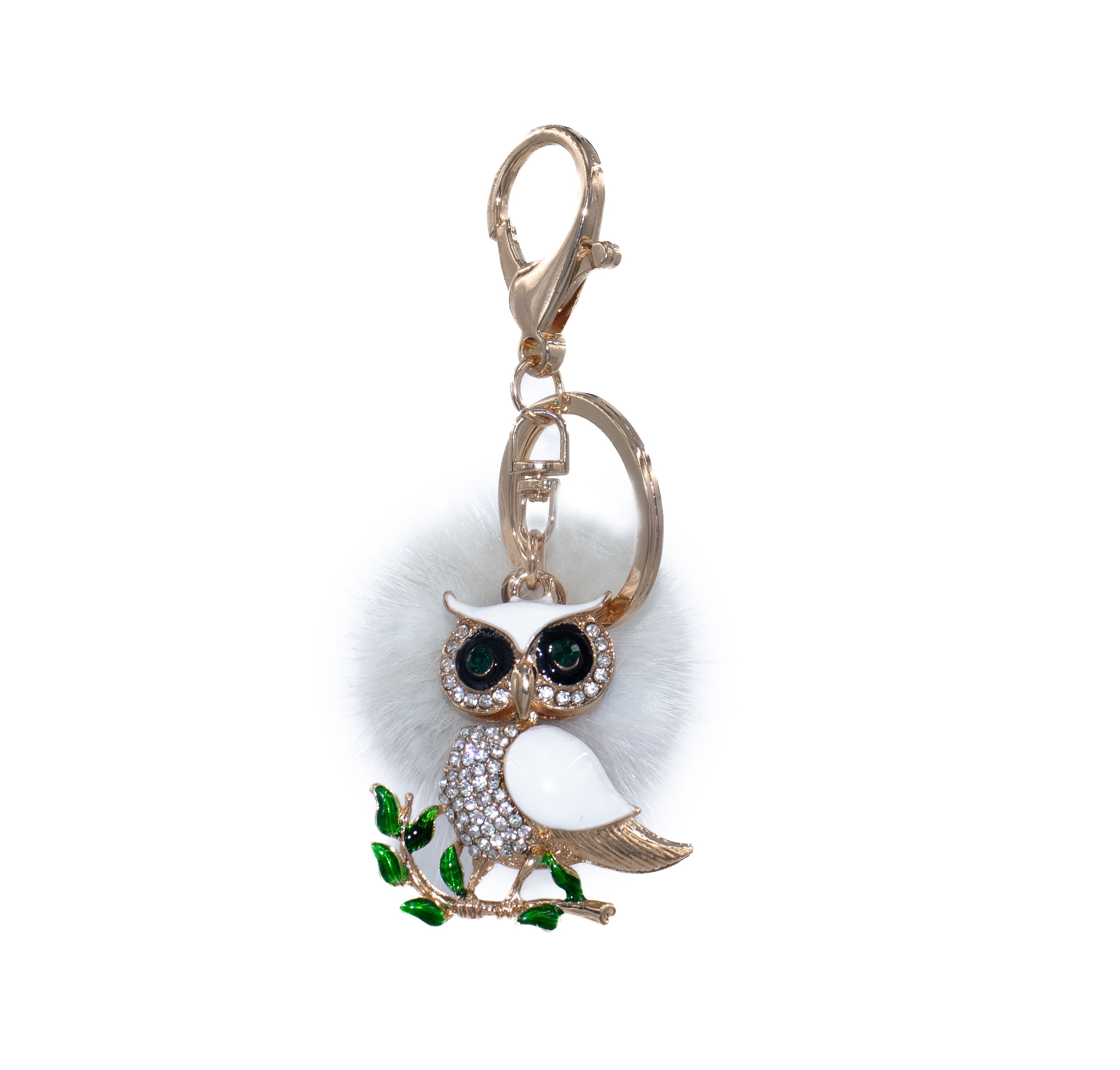 Sparkly Bling Gray Owl Keychain with Mink Fur Pom - Big Fluffy Pompom Keychain - Owl Charm for Purse