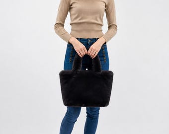 surell Faux Rex Rabbit Handbag - Cute Fluffy Fashion Purse - Luxurious Fake Fur Black Bag- Y2K Style Shoulder Tote- Black