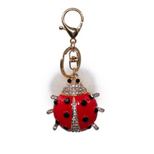 Real Mink Fur Bling Ladybug Keychain - Cute Keychains for Women - Insect Bug Key Chain - Lucky Charm - White