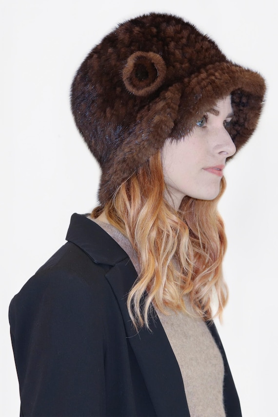 Mink Fur Split Brim Cloche Hat With Rosette Detail - Women display picture 2