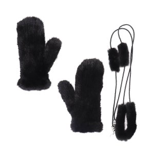 Real Mink Fur Textile Knit Mittens w Removable String - Women&#39;s Luxury Cold Weather Gloves - Fall Winter Fashion Accessory- Black