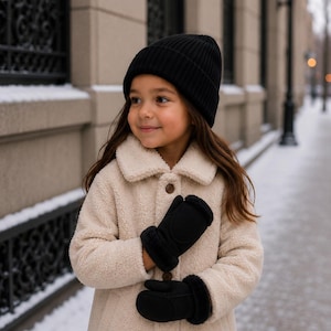 Manoplas infantiles de piel sintética con borde abatible - Guantes de invierno cálidos para niños y niñas - Accesorio para niños y niñas - Guantes suaves de piel sintética - Negro