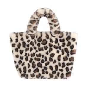 Faux Rex Rabbit Fur Leopard Print Handbag - Fuzzy Tote Bag - Fluffy Cheetah Fur Handbag - Trendy Y2K Style Shoulder Purse - Beige