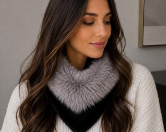 Real Mink Fur Collar with Fox Fur Trim - Winter Fashion Neck Warmer - Infinity Scarf - Luxury Scarf - Soft Knitted Mink - Black