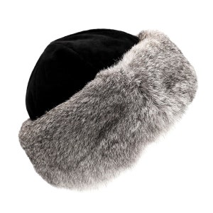 Long Haired Rabbit Cuff with Suede Crown Russian Trapper Hat - Womens Formal Bridal Winter Wedding Attire - Chic & Elegant - Black Chin