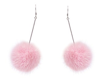 Mink Fur Pom Earrings - Silver Stainless Steel Dangle Earrings - Pompom Dangly Earrings - Cute Unique Jewelry - Pink