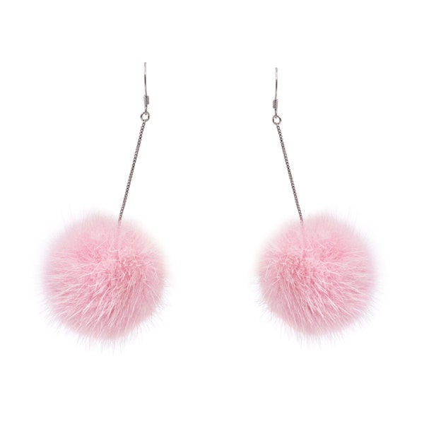 Boucles d'oreilles pompons en fourrure de vison - Boucles d'oreilles pendantes en acier inoxydable argenté - Boucles d'oreilles pendantes pompon - Jolis bijoux uniques - Rose