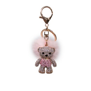 Teddy Bear Keychain Mink Fur Pom - Bling Colorful Bear Charm - Luxury Bag Charm - Cute Car Accessories - Backpack and Bear Keychain - Pink