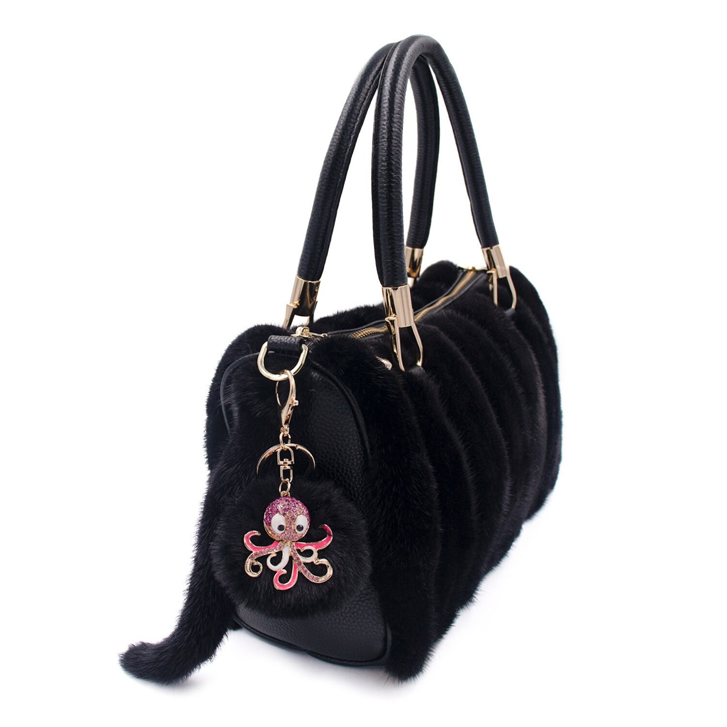 Surell Sparkly Pink Squid Keychain Charm With Fluffy Faux Fur Pom - Bag Charm, Purse Accessory, Lobster Clasp - View #11